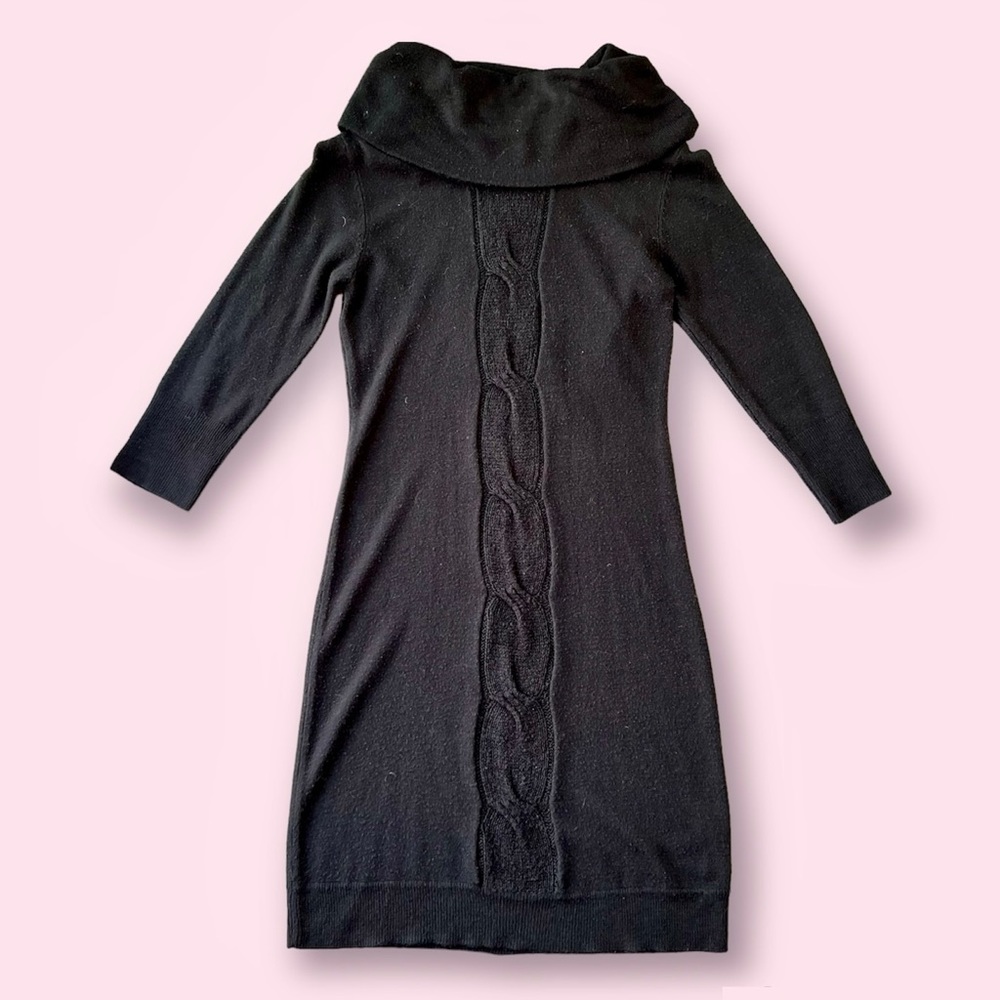 New York & Company Black Cowl-Neck Cable Knit Sweater Dress | Size Medium